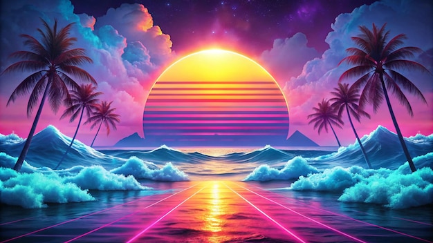 Sea ocean Modern backgrounds for screen of your devices Synth wave retro wave vaporwave futuristic aesthetics Stylish flyer for ad offer bright colors