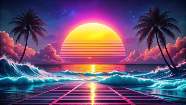 Sea ocean Modern backgrounds for screen of your devices Synth wave retro wave vaporwave futuristic aesthetics Stylish flyer for ad offer bright colors