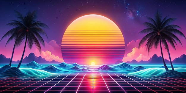 Photo sea ocean modern backgrounds for screen of your devices synth wave retro wave vaporwave futuristic aesthetics stylish flyer for ad offer bright colors