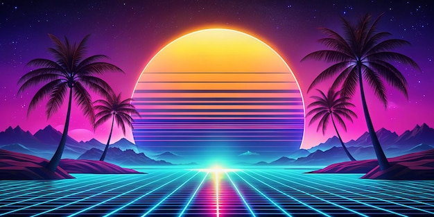 Photo sea ocean modern backgrounds for screen of your devices synth wave retro wave vaporwave futuristic aesthetics stylish flyer for ad offer bright colors