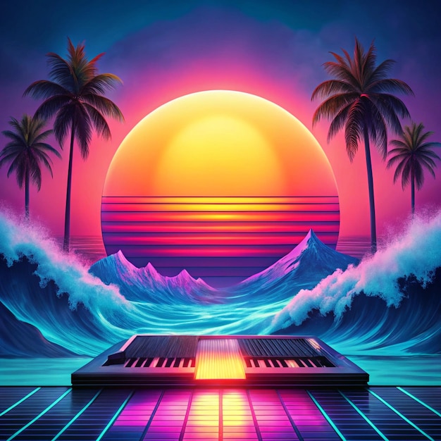 Sea ocean Modern backgrounds for screen of your devices Synth wave retro wave vaporwave futuristic aesthetics Stylish flyer for ad offer bright colors