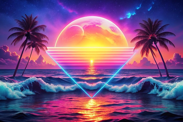 Sea ocean Modern backgrounds for screen of your devices Synth wave retro wave vaporwave futuristic aesthetics Stylish flyer for ad offer bright colors