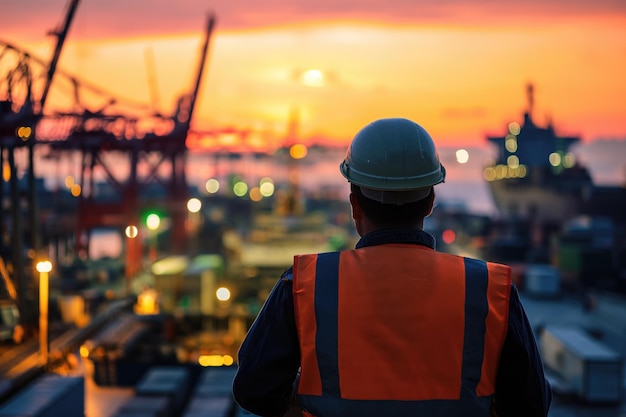 Sea ocean port ships and containers at sunset with backview of engineer worker wearing safety vest