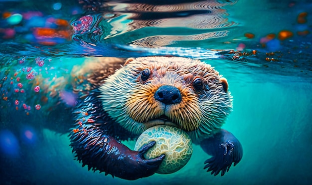 A sea otter playing with a shell in the waves