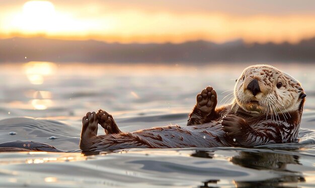 Photo sea otters floating on their backs