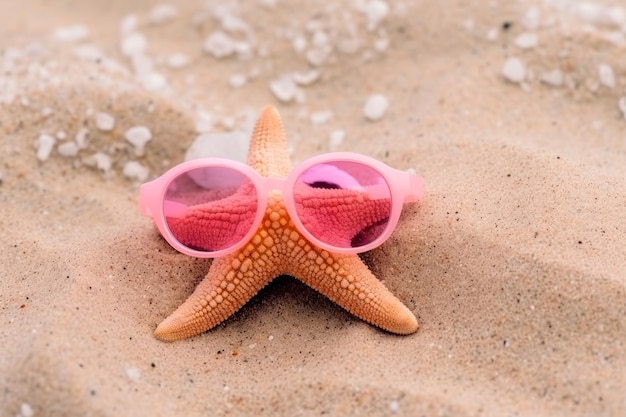 Sea pink star with glasses on send summer beach generative ai