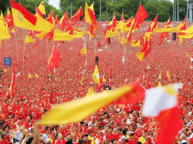 A sea of red and yellow flags wave in the air as the Spanish women's team celebrates their victory