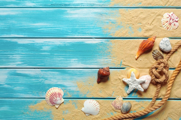 sea rope with many different sea shells on the sea sand on a blue wooden background. Top view