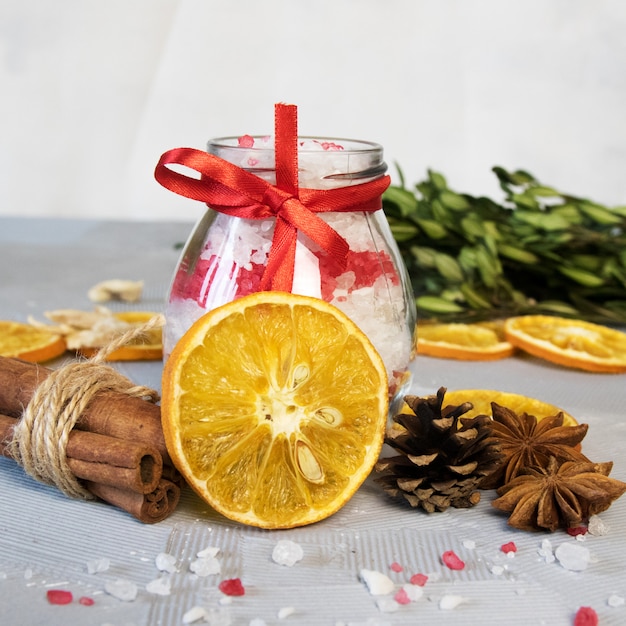 Sea salt for bath with cinnamon, orange and spices