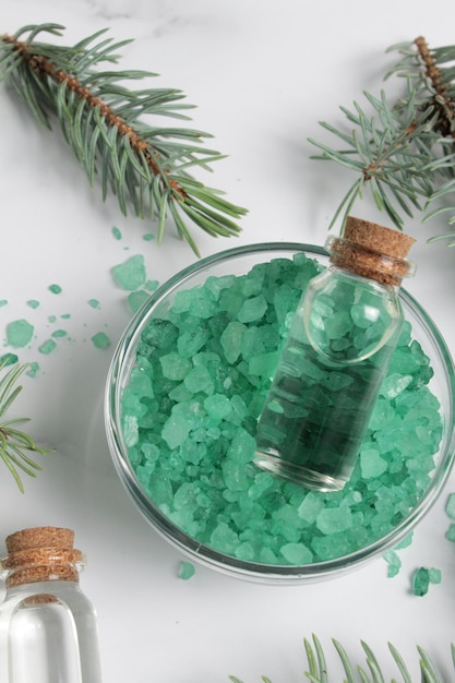 Sea salt and pine branch on a white background