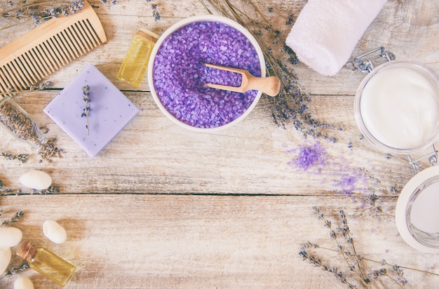 Sea salt with lavender extract. Selective focus.