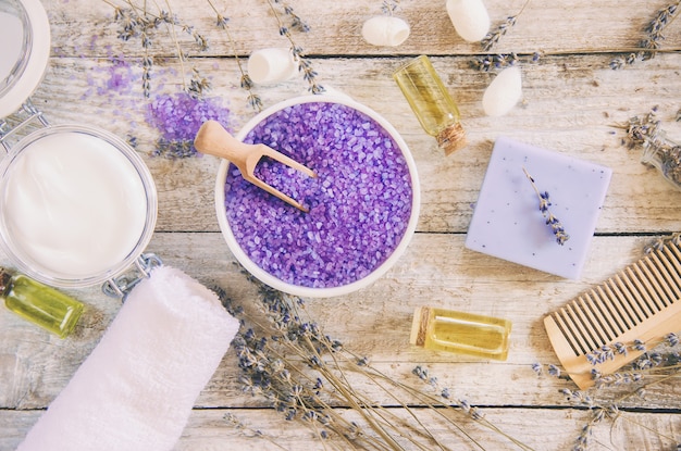 Sea salt with lavender extract. Selective focus.