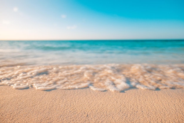 Sea sand sky beach closeup. Inspire tropical beach coast seascape horizon, waves surf