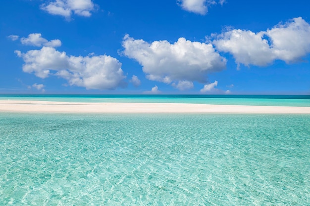 Sea sand sky on a summer day. Tranquil nature scene, closeup amazing blue sea with horizon and blue