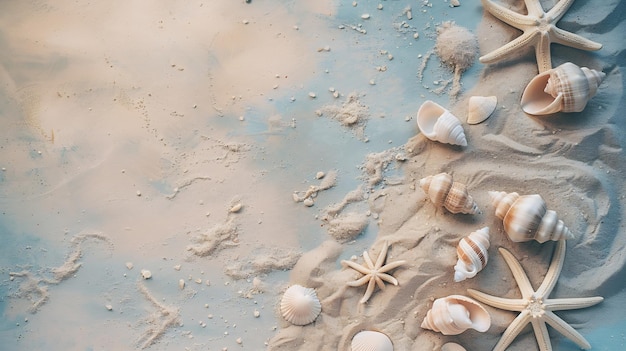 Sea sand with starfish and shells Top view with copy space Generative AI