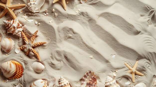 Sea sand with starfish and shells Top view with copy space Generative AI