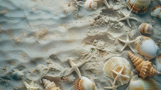 Sea sand with starfish and shells Top view with copy space Generative AI