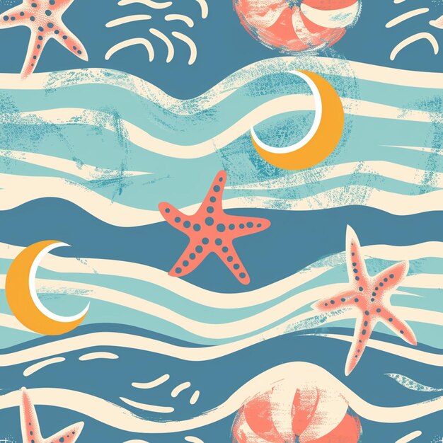 a sea scene with starfish and a starfish on a blue background