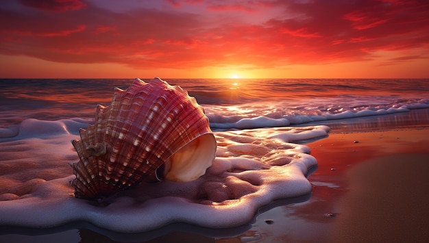 Sea shell on the beach at sunrise