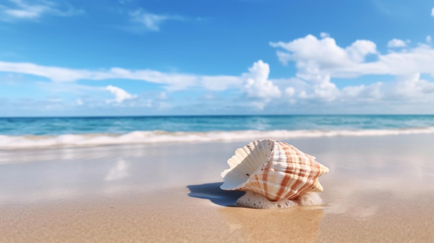 A sea shell on a beach with the ocean in the background