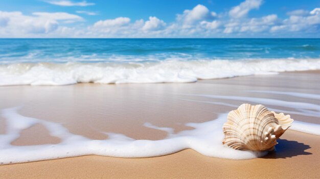 A sea shell on a beach with the ocean in the background