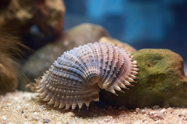 A sea shell is seen in a tank.