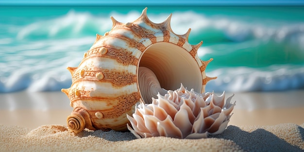 A sea shell on a sandy beach next to the ocean generative AI