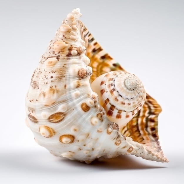 A sea shell with white and brown shells on it