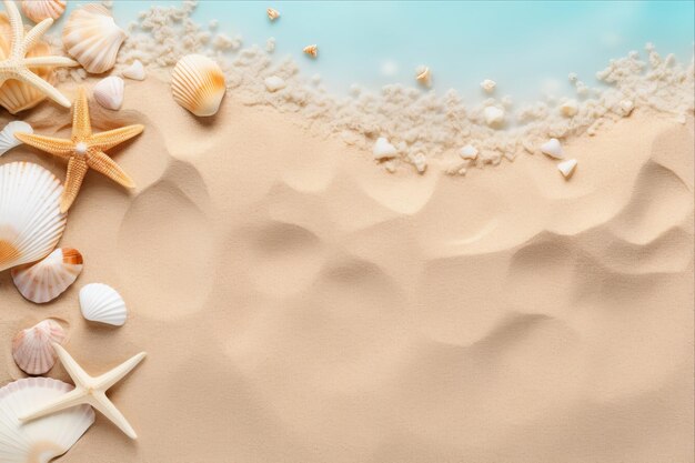 Photo sea shells on sand background top view with copy space summer concept