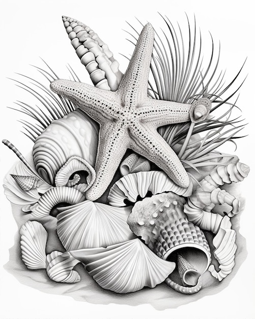 Photo sea shells and starfish coloring page