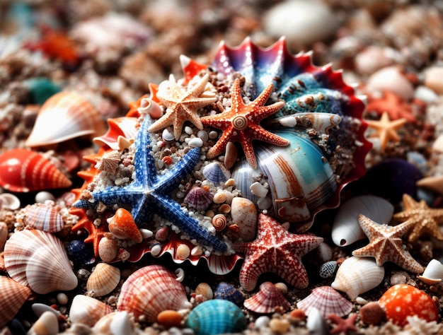 Sea shells and starfish lie in the sea sand generated by AI