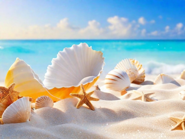 Sea shells and starfish scattered on sandy beach