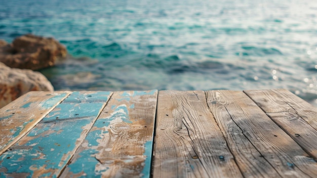 Sea shore beach summer vacation with wooden table shelf background concept