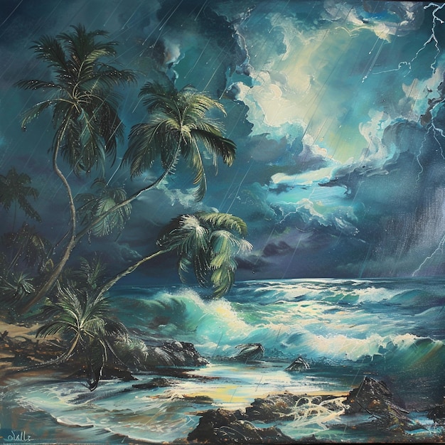 A sea side scene with palm trees bending in a tropical storm