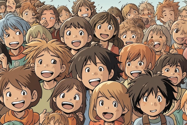 A sea of smiling children stretches as far as the eye can see their joyful expressions filling the frame in true Miyazaki style Generative AI