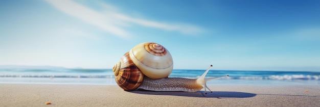 Sea Snail banner on tropical sea sandy beach and blue sky background Generative Ai