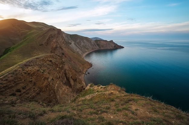 Sea spring bay. View from the mountain. Nature composition.