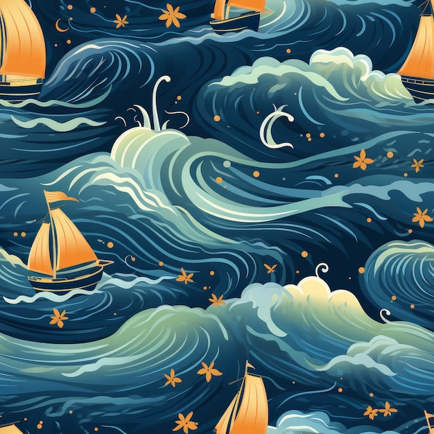 Sea storm seamless pattern Digital line Generate Ai