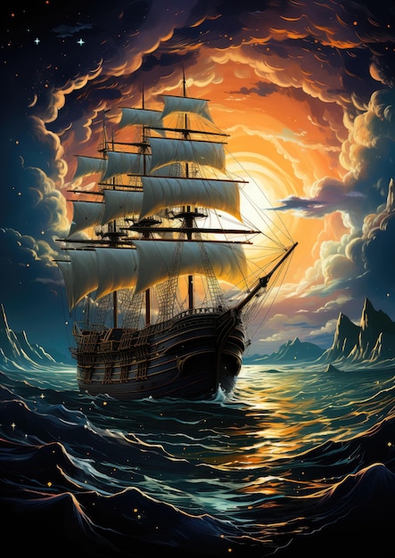 sea storm ship moon dreamy fantasy mystery tarot illustration art tattoo poster card night