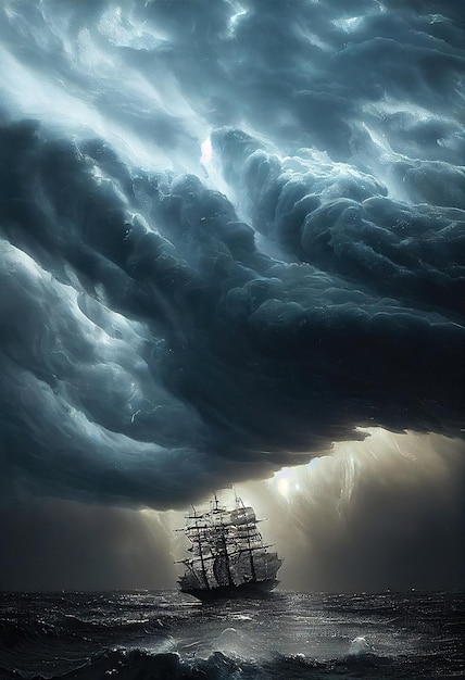 Sea storm with clouds and strong winds Landscape of a storm at sea