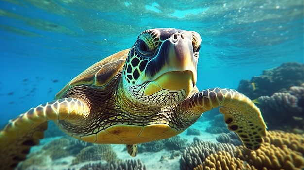 Sea turtle close up over coral reef in hawaii ai generative