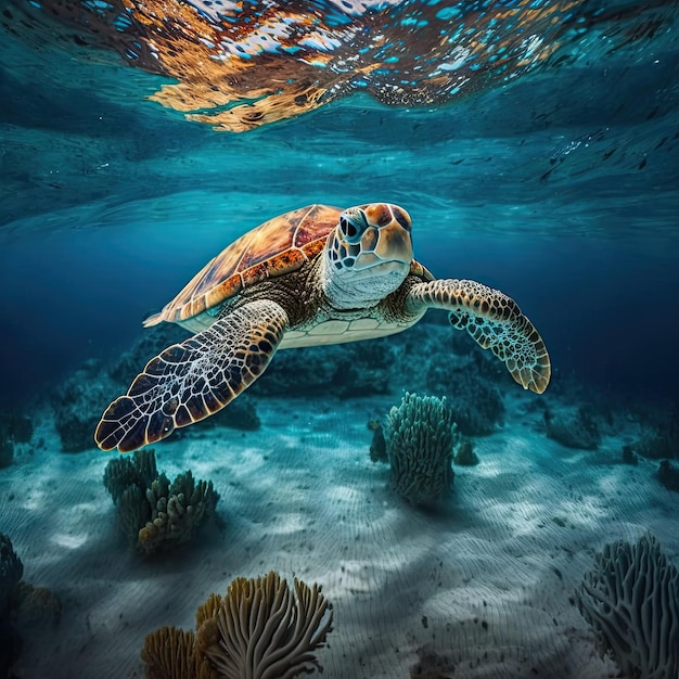 Sea turtle in crystal clear water Amazing crystalline seabed Reef full of life Generative AI