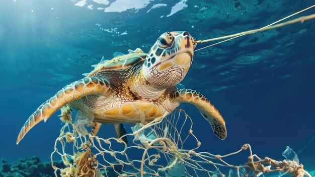 Photo a sea turtle entangled in fishing nets and plastic waste amidst polluted sea water