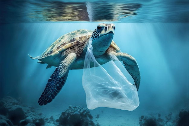 Sea Turtle entangled in a plastic bag Generative AI illustration