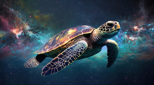 Sea turtle flying in space