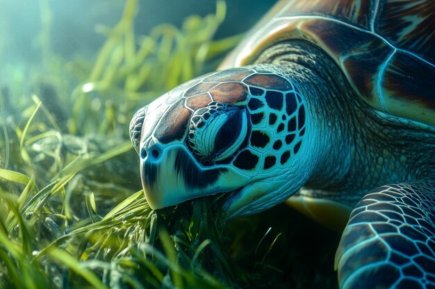 Photo sea turtle grazes on seagrass a sea turtle gracefully grazes on a bed of vibrant green seagra