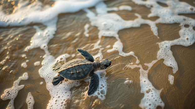 Photo a sea turtle hatchling making its way to the ocean for the first time captured in a heartwarming moment