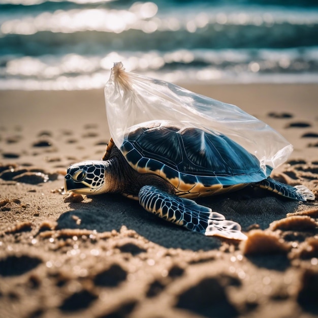 Photo sea turtle is caught in plastic bag on sandy beach near ocean its body is lying on sand image highlights dangers of plastic pollution in ocean and need for environmental protection ai generated