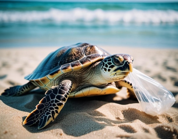 Sea turtle is caught in plastic bag on sandy beach near ocean Its body is lying on sand Image highlights dangers of plastic pollution in ocean and need for environmental protection AI generated