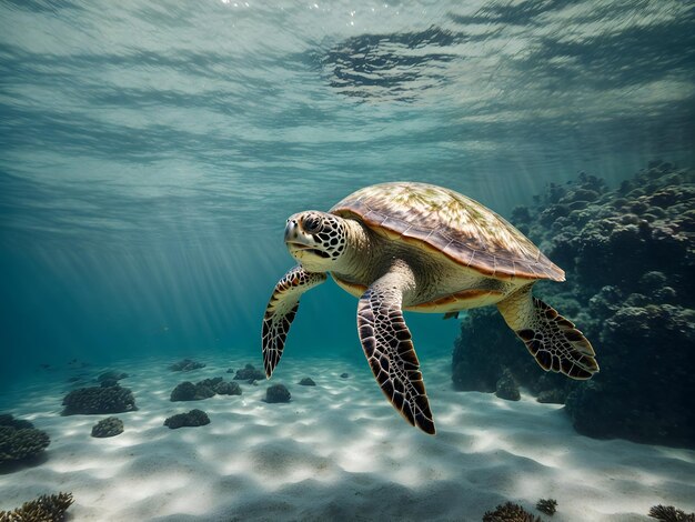 A sea turtle is swimming undersea with gorgeous looks and crystal clear water